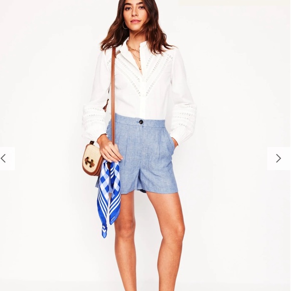 Boden | Women's Dulwich Pleated Linen Chambray Shorts | 6" Size US 12 - Picture 1 of 5